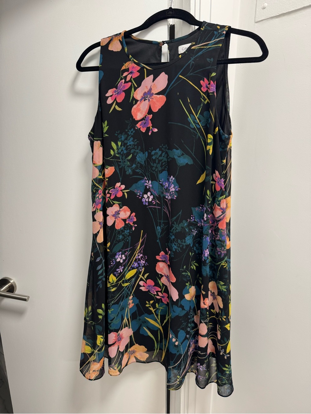 Calvin Klein Black Floral Midi Dress with Pink & Blue Blooms